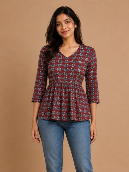 Camel Print peplum Top