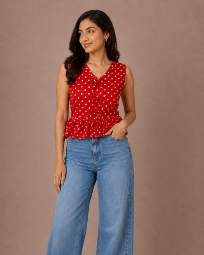 Polka Dot Flared Hem Top